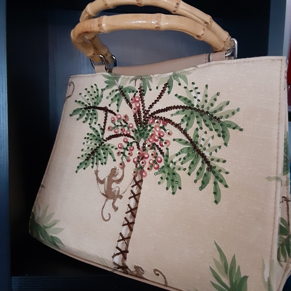 Isabella Fiore Embellished Island Print Monkey Palm Holiday Vintage Bag Bamboo - Picture 3 of 7